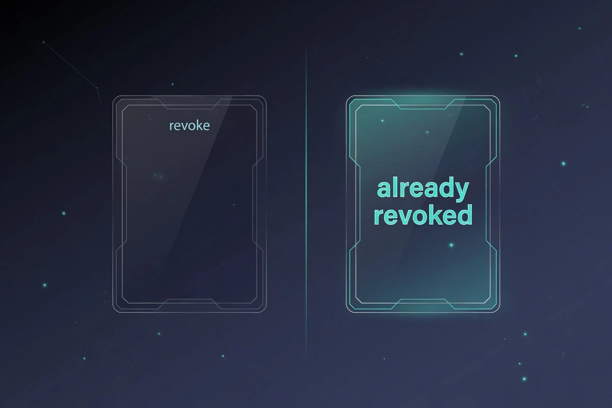 Two dark glass cards on a slate HUD. The left card is dim and says revoke. The right card is lit and says already revoked.