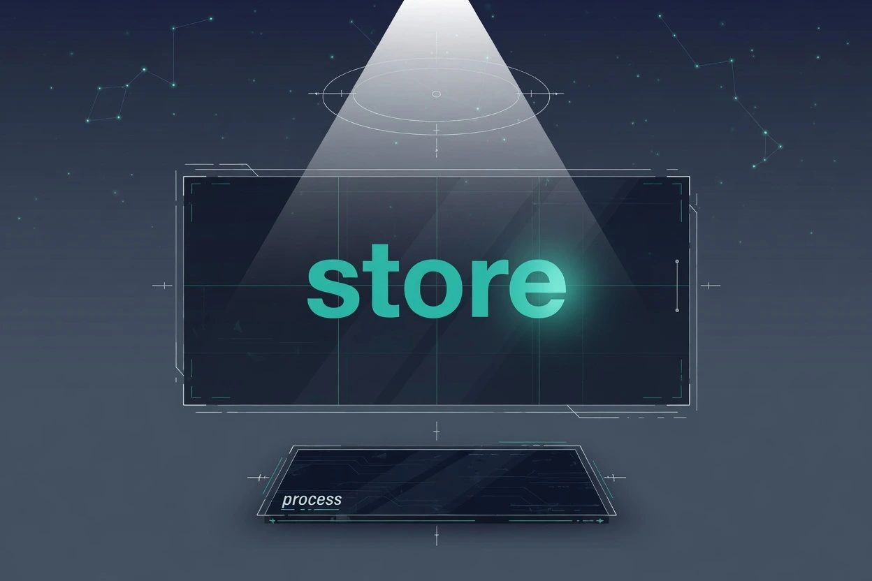 A dim process chip below a bright glass store panel. A focus cone lights the store, not the chip.