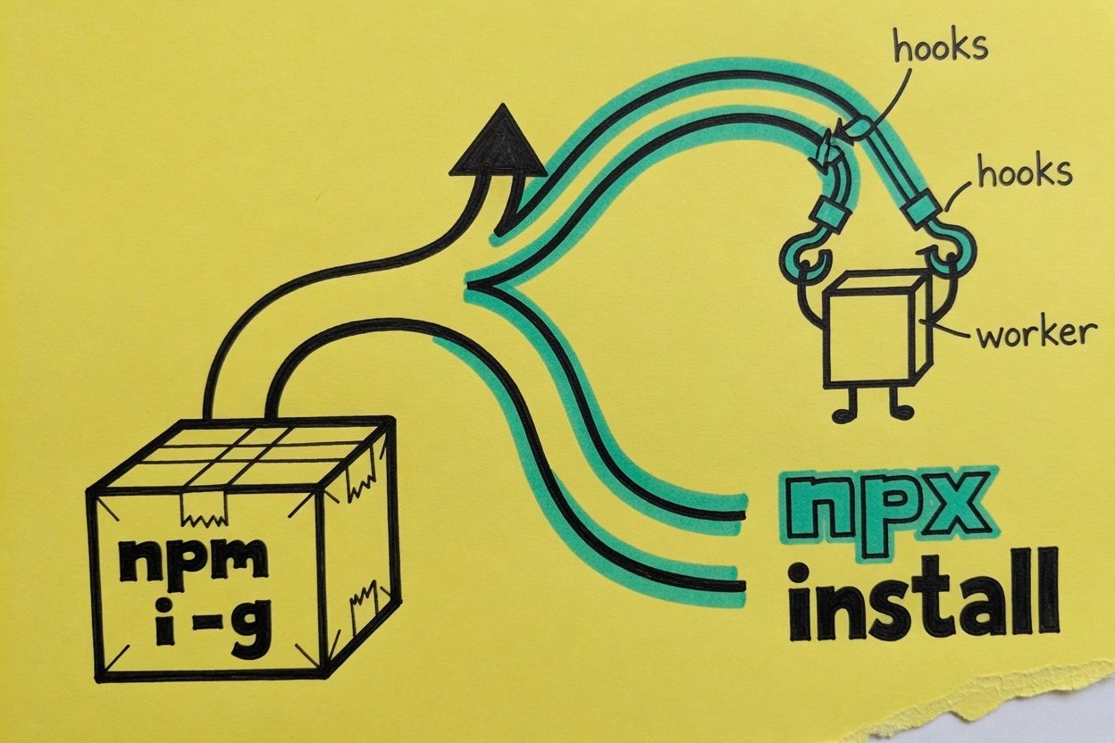 Yellow-paper fork, a sealed npm i -g crate with no plugs on the left, npx install wiring hooks into a worker box on the right