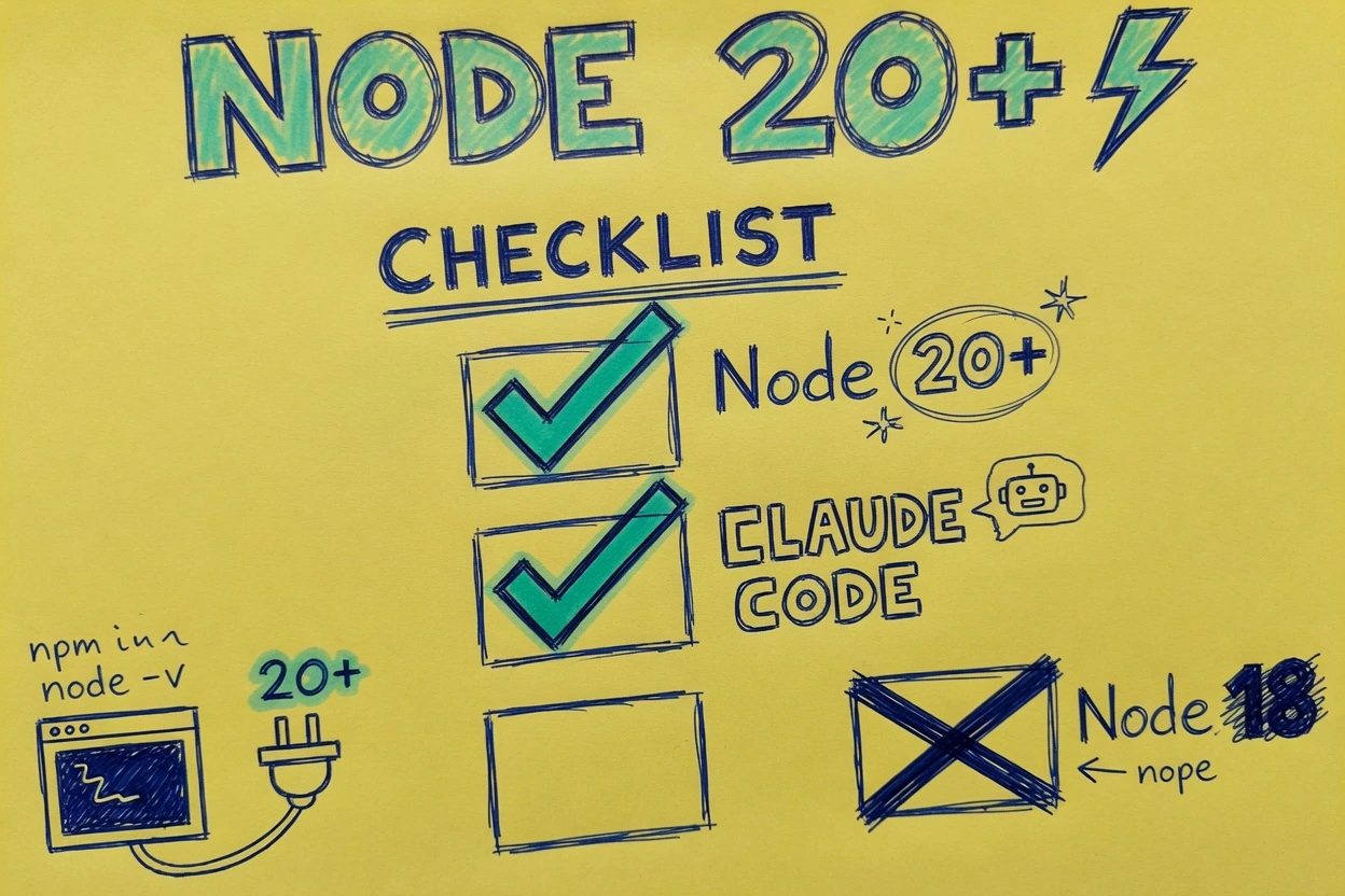 Unlined yellow paper checklist with teal ticks on Node 20+ and Claude Code, a crossed-out Node 18 box in the margin