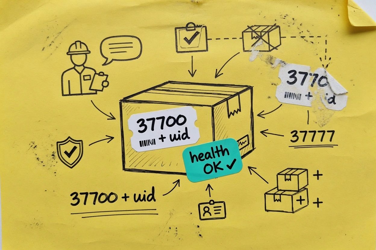 Worker box on yellow paper stickered 37700 plus uid, a peeled 37777 sticker beside it, a teal health OK chip on the box