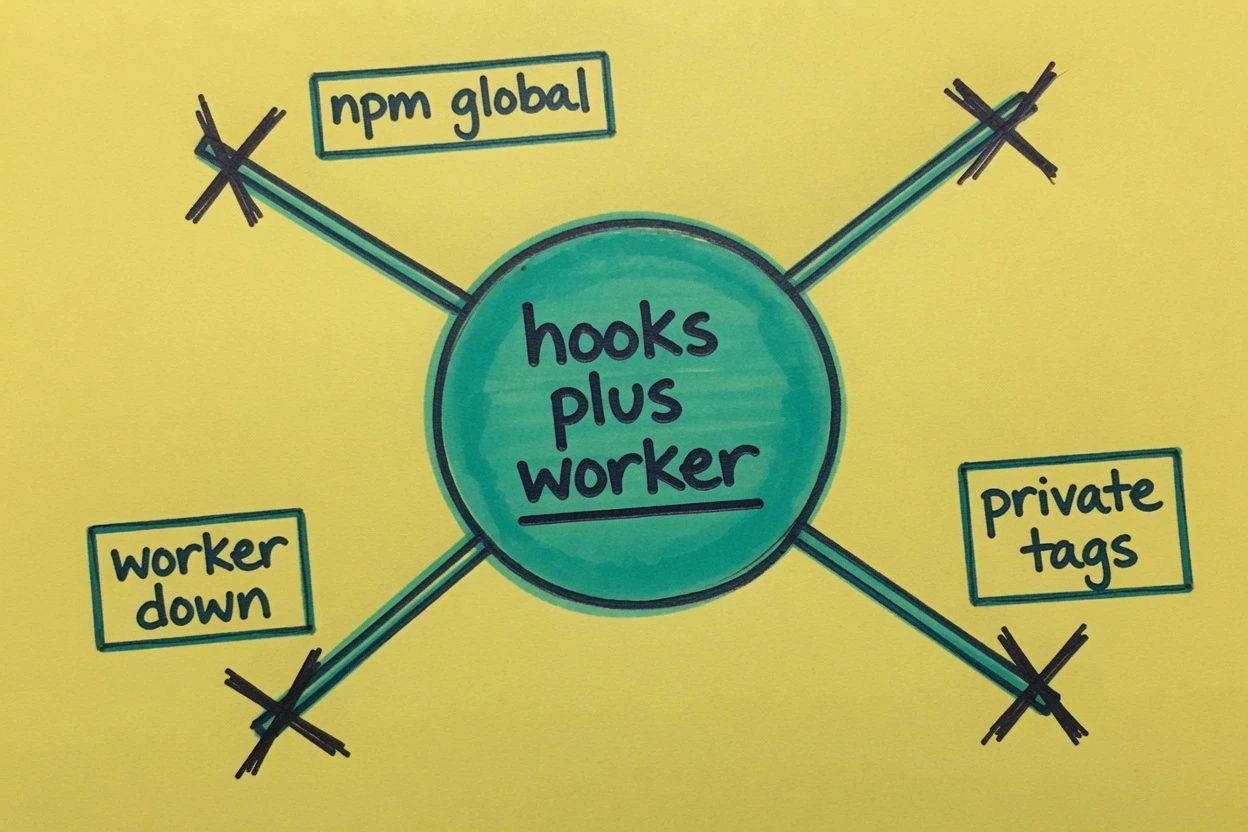 Yellow-paper hub with a live hooks-plus-worker center and three dead branches labeled npm global, worker down, and private tags