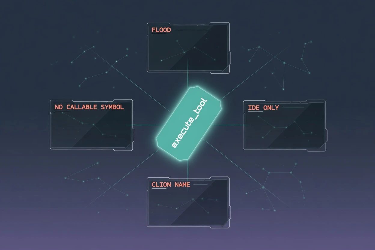 Three glass stations in a row, execute_tool ticket, ij-debugger folder lit teal, then a STEP chip landing on a DEBUG card