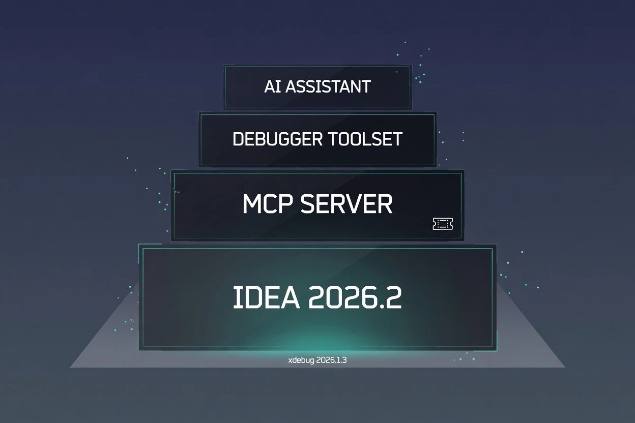 Dark glass stack lettered IDEA 2026.2, MCP SERVER, DEBUGGER TOOLSET, and a dimmer AI ASSISTANT chip, with a muted xdebug 2026.1.3 strip underneath
