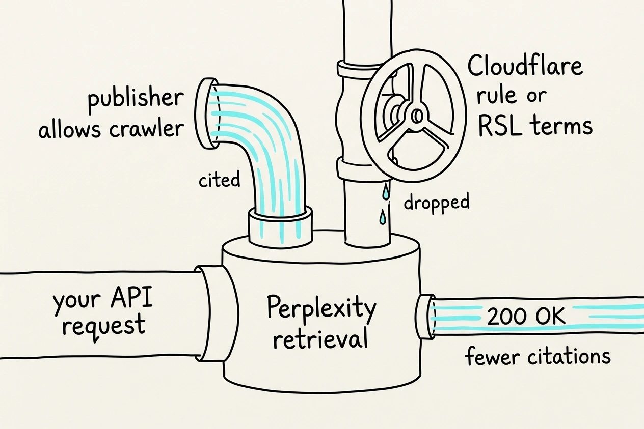 Hand-drawn pipework in fineliner with a cyan accent. A pipe lettered your API request enters a tank lettered Perplexity retrieval fed by two intakes, an open one lettered publisher allows crawler and one shut by a valve lettered Cloudflare rule or RSL terms. A visibly thinner outflow is lettered 200 OK, fewer citations.