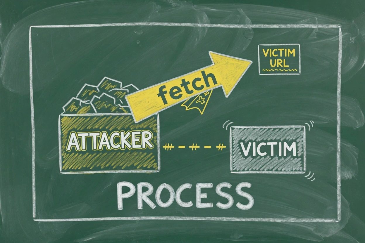 Chalk drawing of an attacker heap sending a fetch arrow so a victim heap appears beside it in the same process