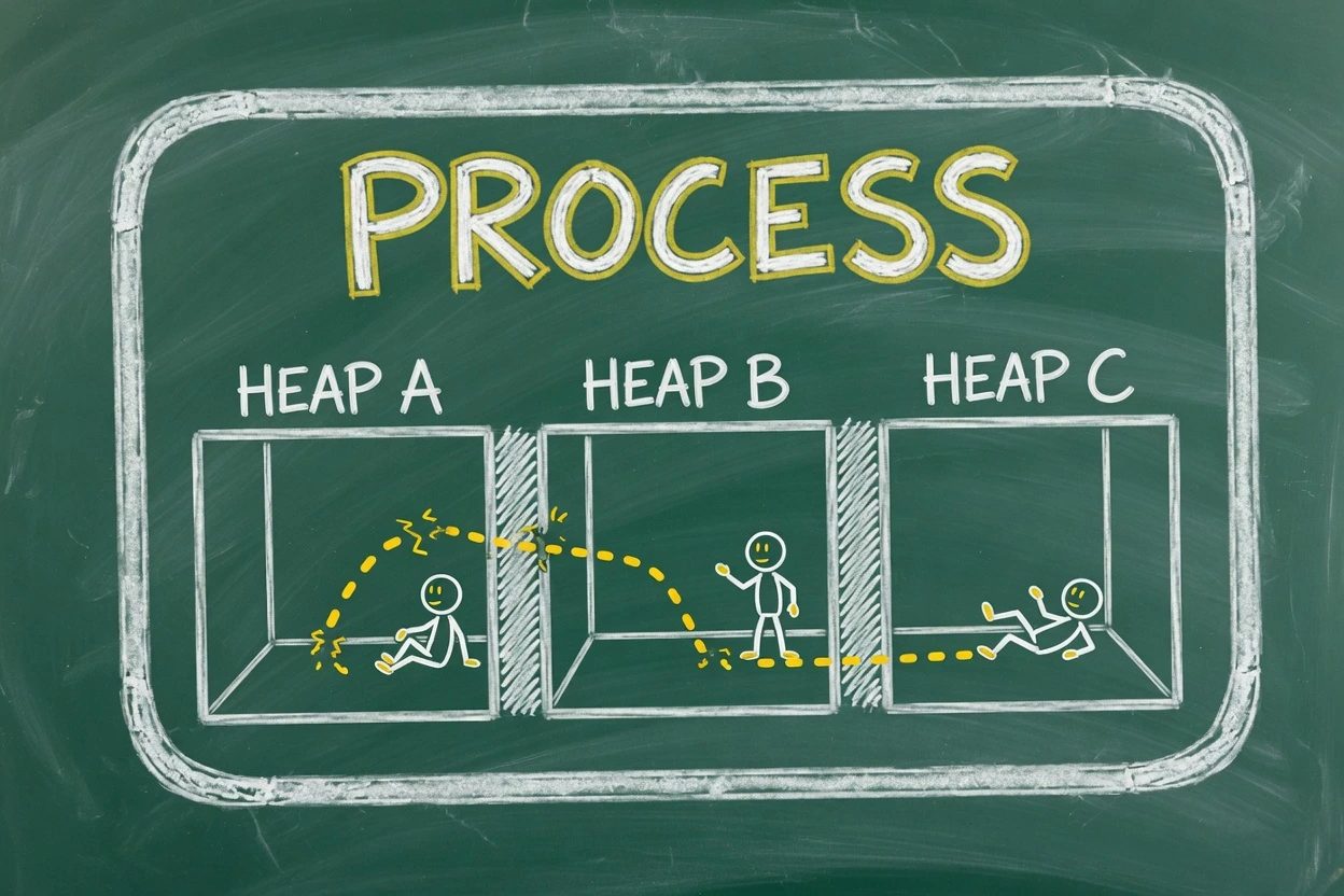 A chalkboard drawing of one process box holding three heap rooms with a faint dotted vent between them