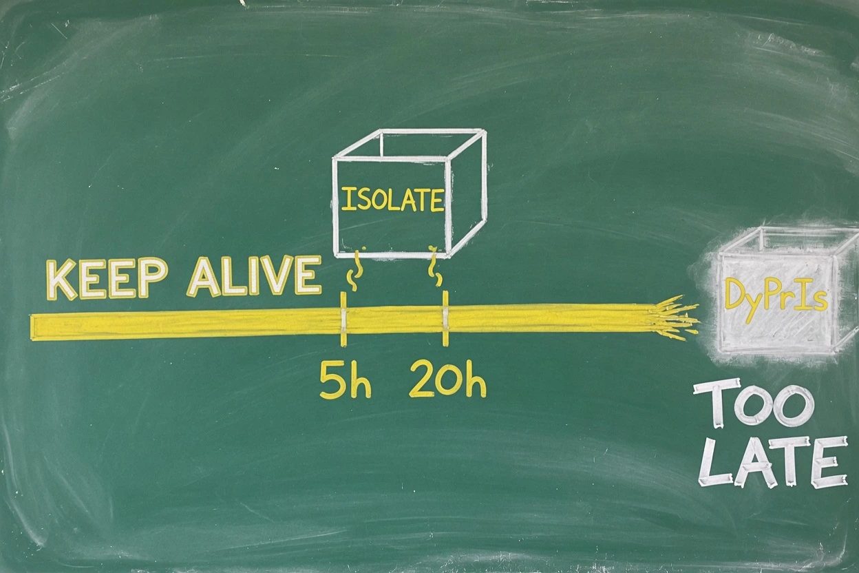 A long chalk keep-alive line holding one isolate open, with DyPrIs sitting too late at the far right
