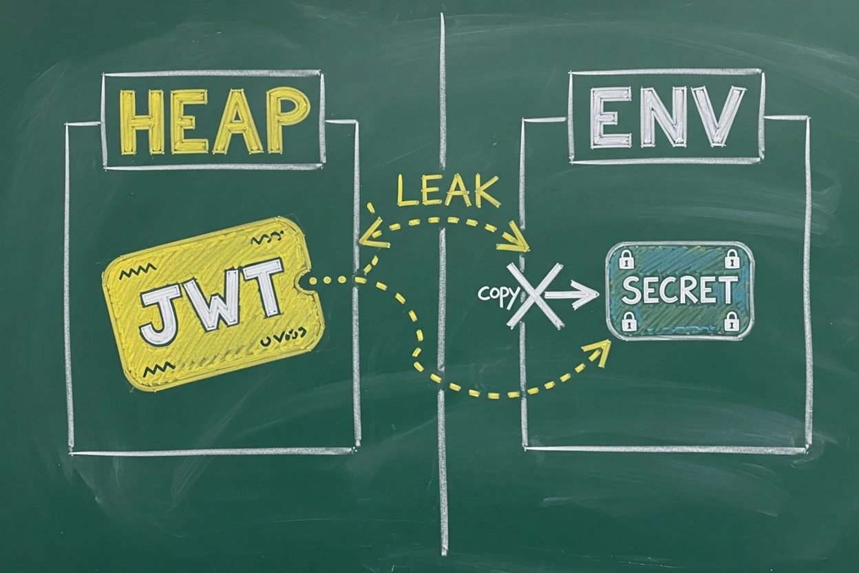 Split chalkboard. Left heap box leaks a JWT along a dotted path. Right env box keeps a secret with no leak path.