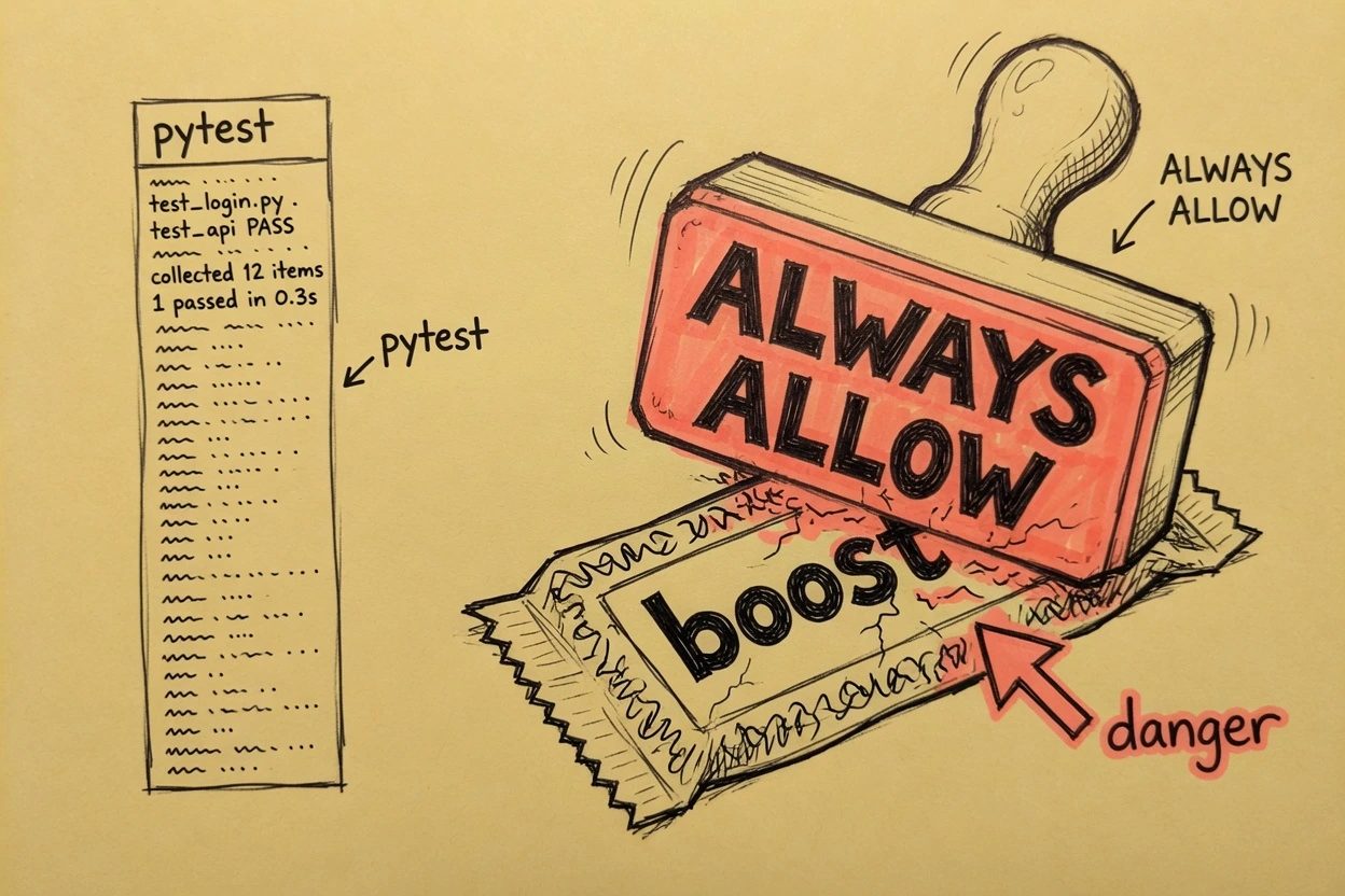 A thin pytest log beside a large coral Always Allow stamp on a wrapper named boost, yellow paper ground