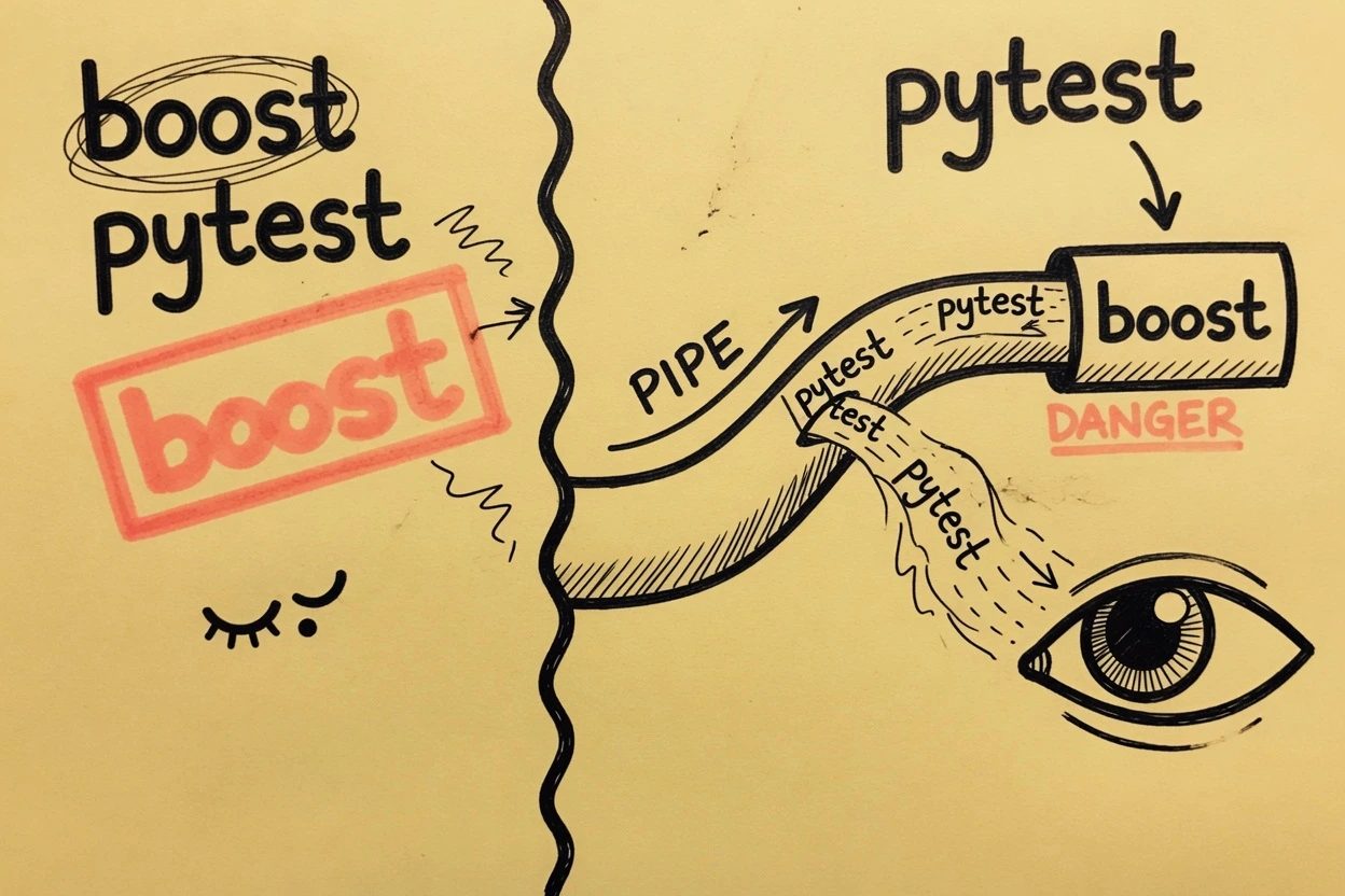 Split sketch, boost pytest on the left with a stamp on boost, pytest piping into boost on the right with an eye on pytest