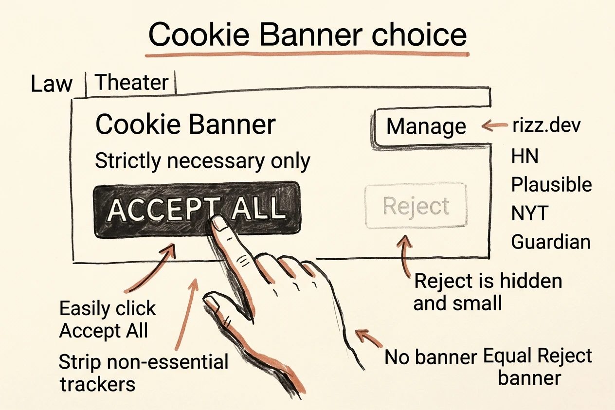 A large high-contrast Accept All button sits next to a tiny low-contrast Reject path buried under Manage, with a hand already pressing Accept.