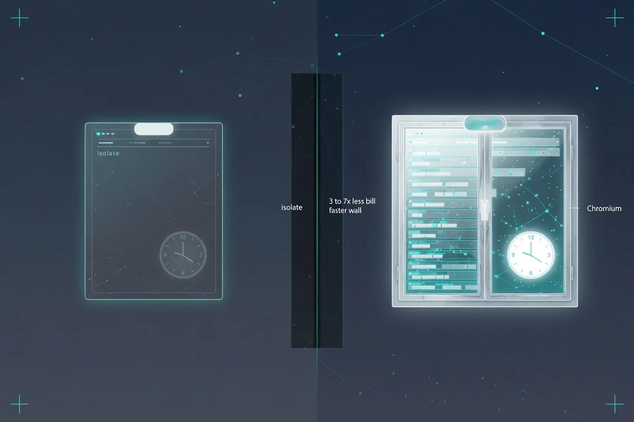 Split slate panel, a thin isolate card marked cheaper beside a fat Chromium window marked faster