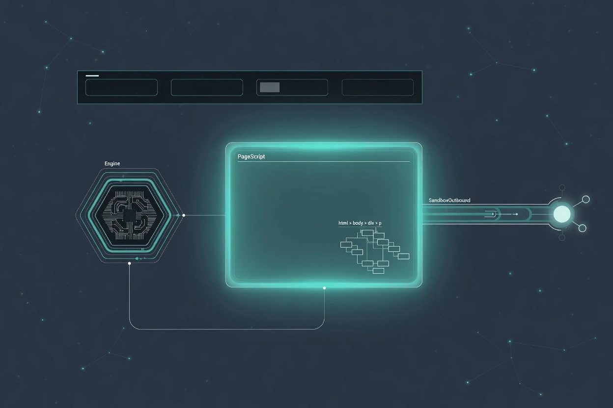 A slate HUD hub with an Engine core, a PageScript isolate holding a tiny DOM, and one SandboxOutbound pipe to the network