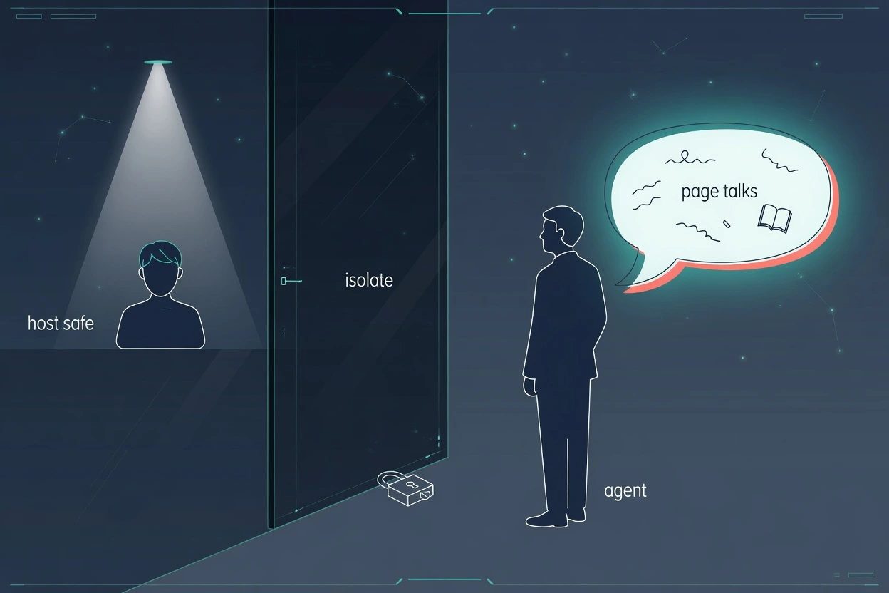 Split slate panel, a safe isolate wall on the left and a page speech bubble hitting an agent on the right