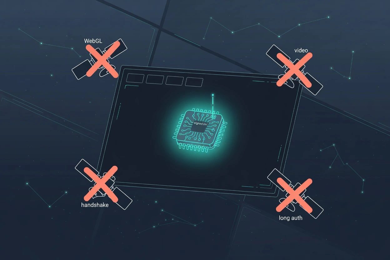 An isolate with an empty tab bar, four crossed-out satellites for WebGL video handshake and long auth, and a signed bot chip