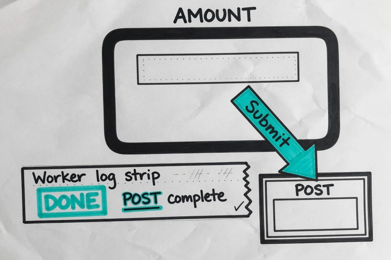 Crumpled-paper sketchnote of an AMOUNT dialog above a finished POST log, with a teal arrow to a second POST