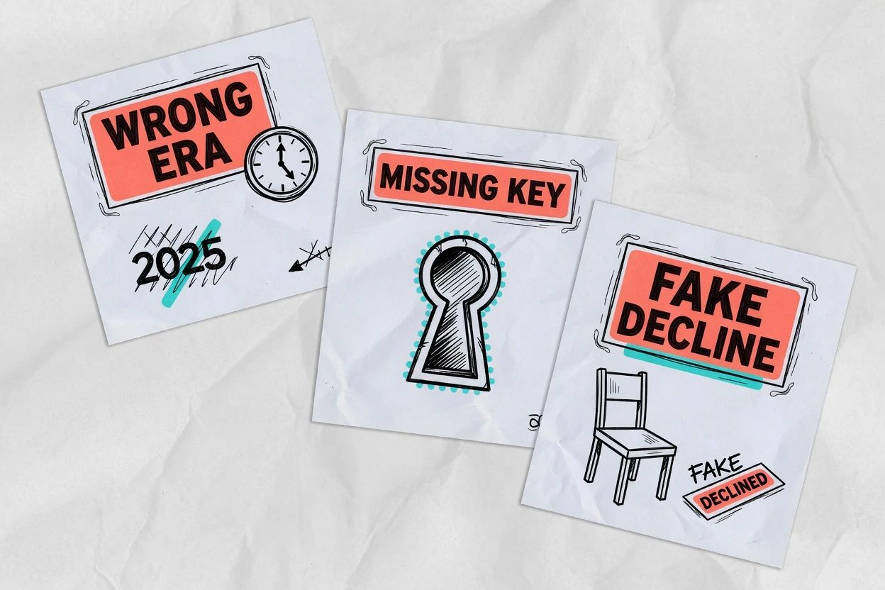 Crumpled-paper sketchnote of three stamped cards lettered WRONG ERA, MISSING KEY, and FAKE DECLINE with an empty chair