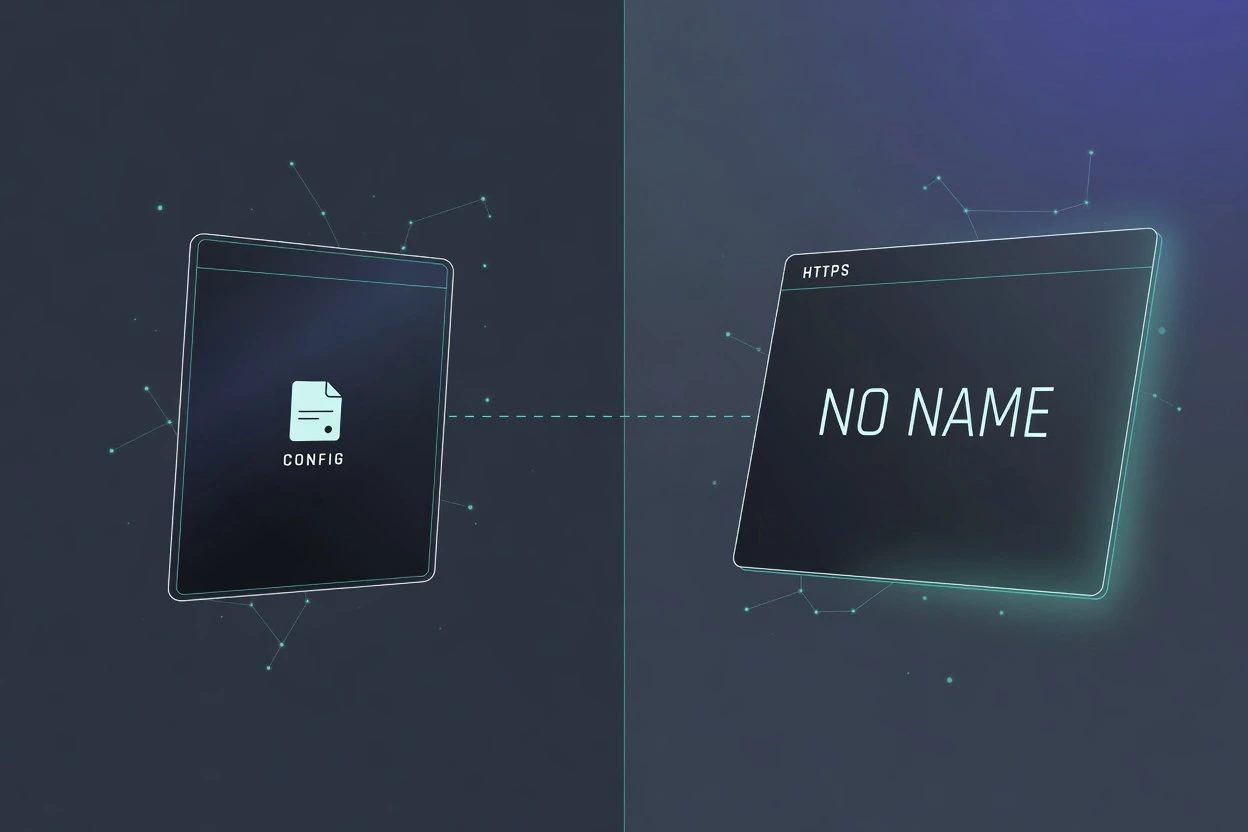 Split HUD with a dim CONFIG card on the left feeding a large unlabeled HTTPS slab lettered NO NAME