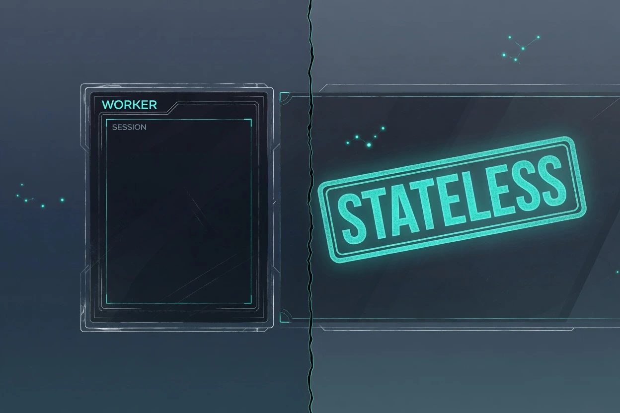 Split HUD with a dim WORKER card and empty SESSION slot on the left, a glowing STATELESS stamp on the right
