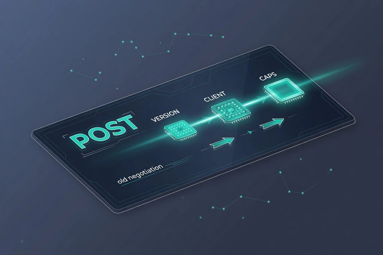 A POST glass card carrying three teal chips lettered VERSION, CLIENT, and CAPS