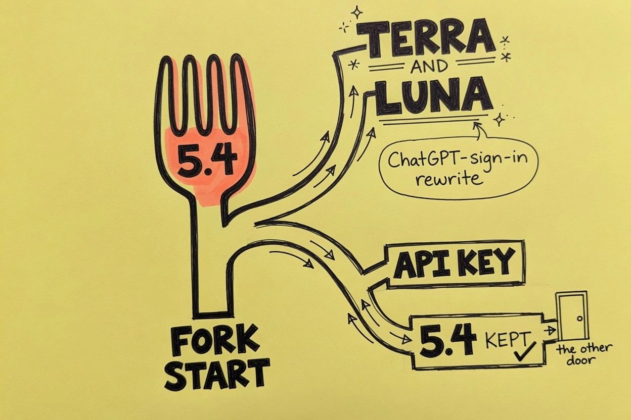 A fork from pinned 5.4, one path to TERRA AND LUNA, the other to API KEY then 5.4 KEPT