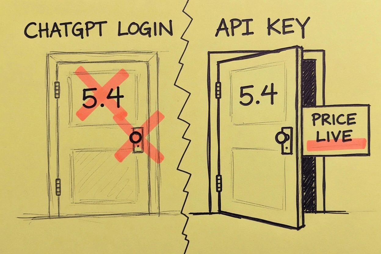 Two hand-drawn doors, ChatGPT LOGIN with 5.4 crossed out, API KEY with 5.4 still clean and a PRICE LIVE card