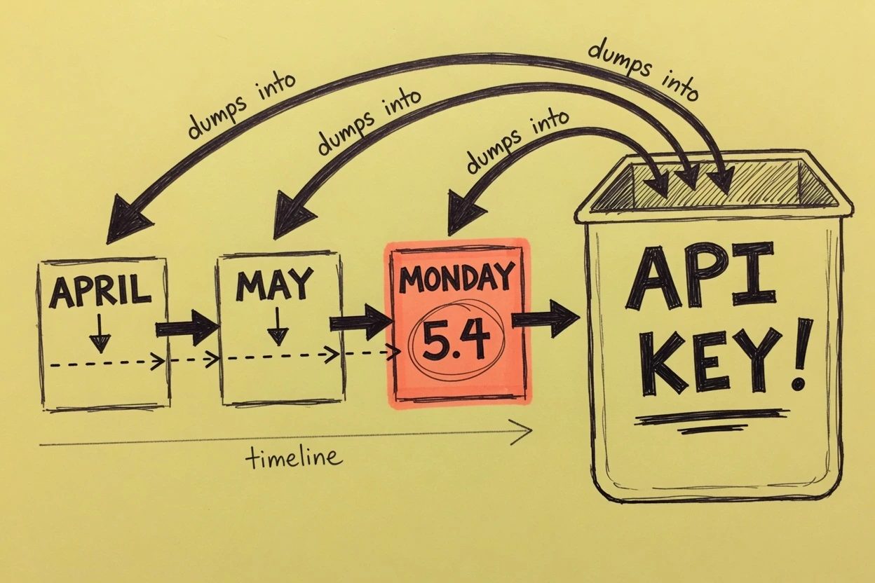 Three picker boxes labeled APRIL MAY MONDAY dumping into a large API KEY bin