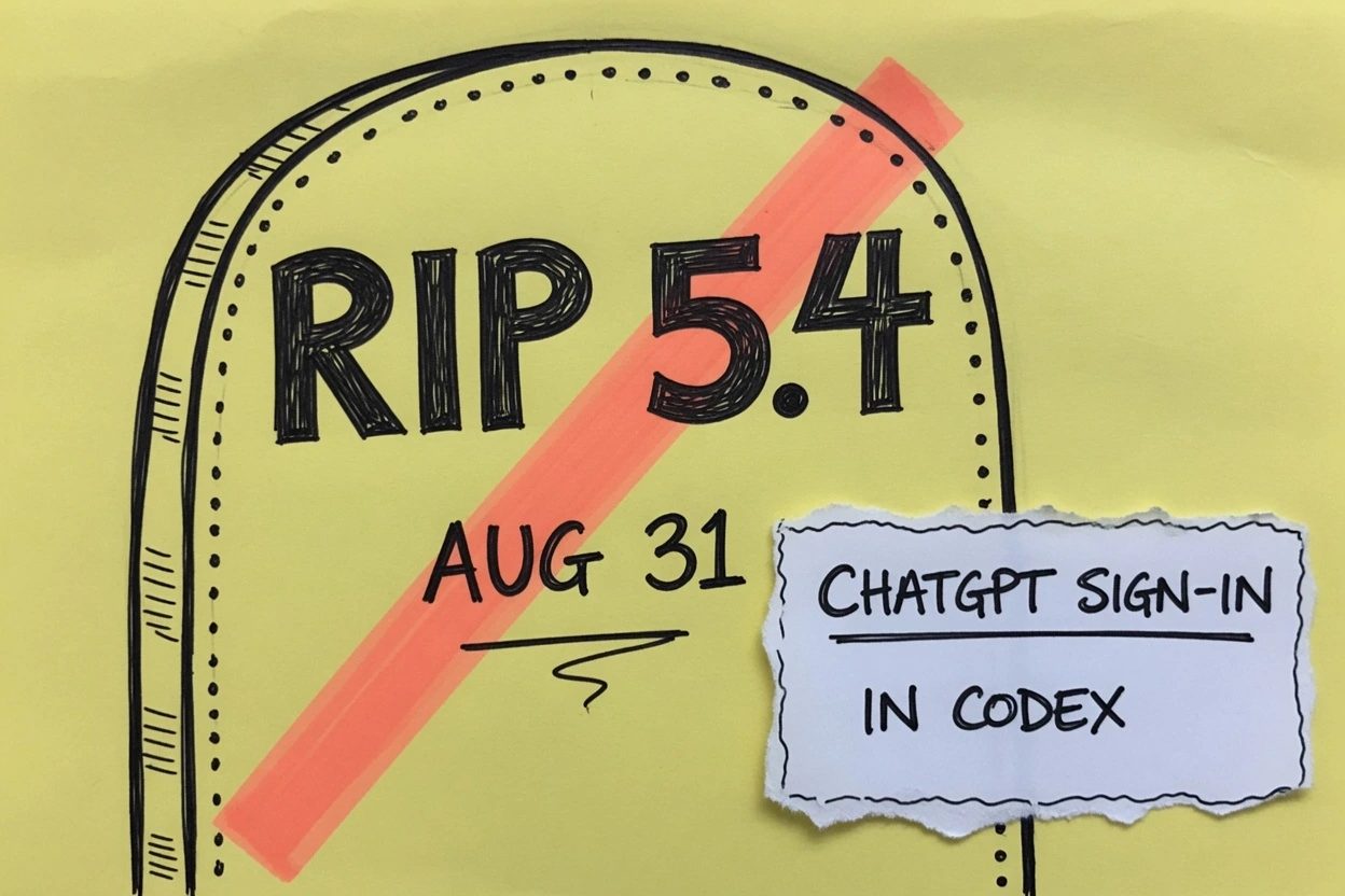 Yellow-paper sketchnote with a coral X on a RIP 5.4 tombstone and a small scrap labeled IN CODEX