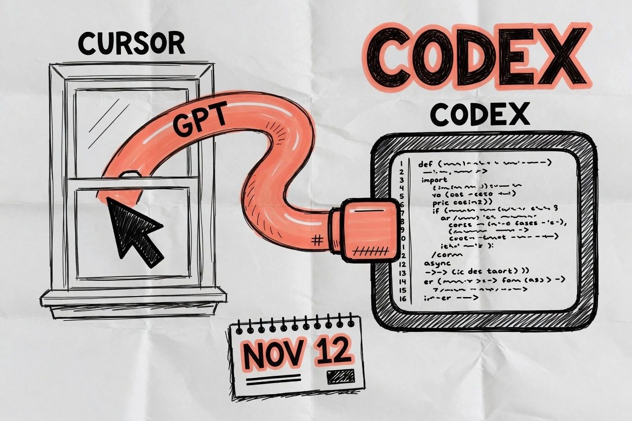 Sketchnote of a CURSOR window with a GPT pipe yanked out and plugged into a CODEX terminal, with a NOV 12 scrap