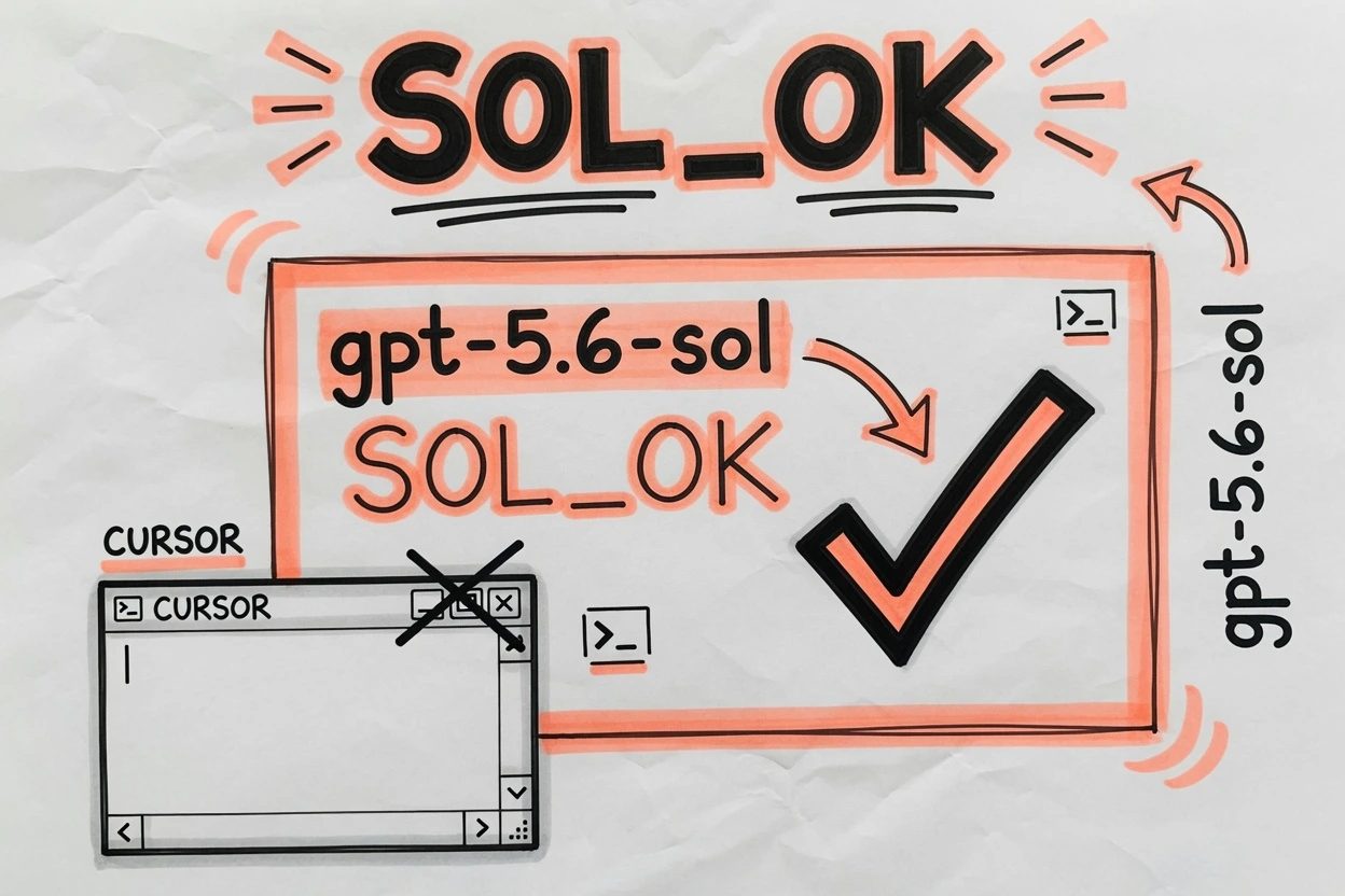 Sketchnote of a terminal card lettered gpt-5.6-sol and SOL_OK with a checkmark, and a dim empty Cursor window in the corner
