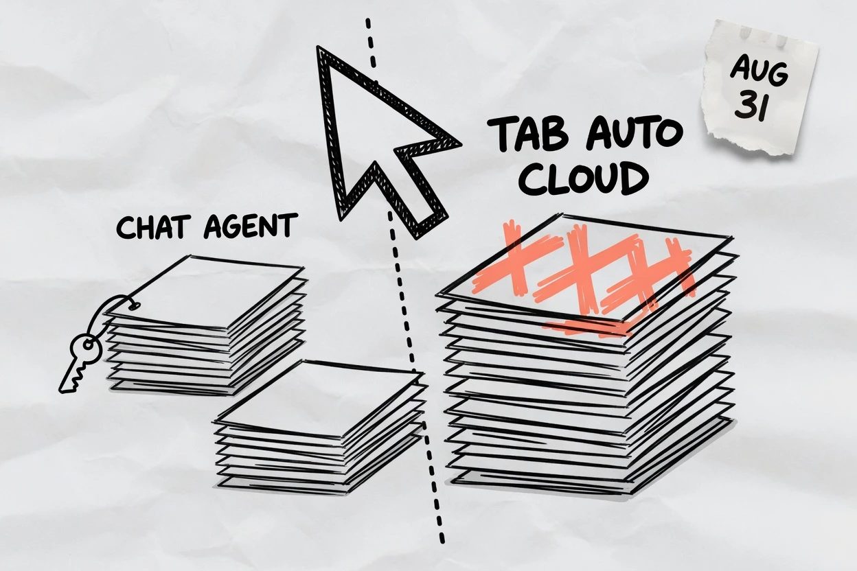 Sketchnote of a small CHAT AGENT stack with a key beside a large TAB AUTO CLOUD stack marked with coral X marks