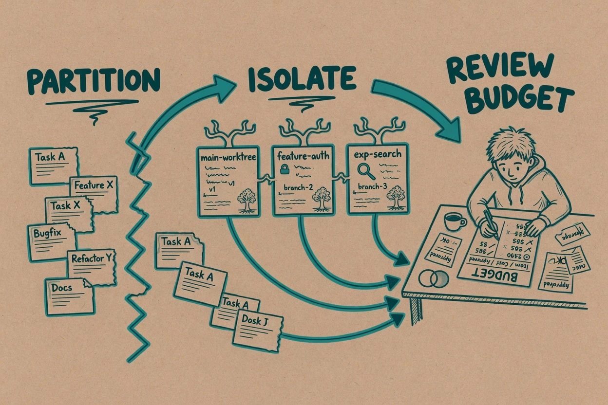 Slate HUD pipeline labeled PARTITION, ISOLATE, and REVIEW BUDGET with glass worktree cards and a glowing review desk.