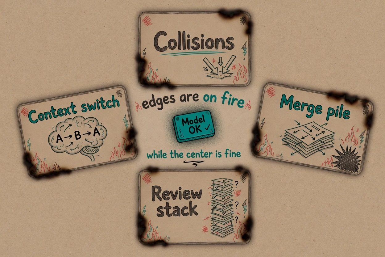 Slate HUD with glowing Model OK chip at center and four glass trouble cards labeled Collisions, Merge pile, Review stack, and Context switch.