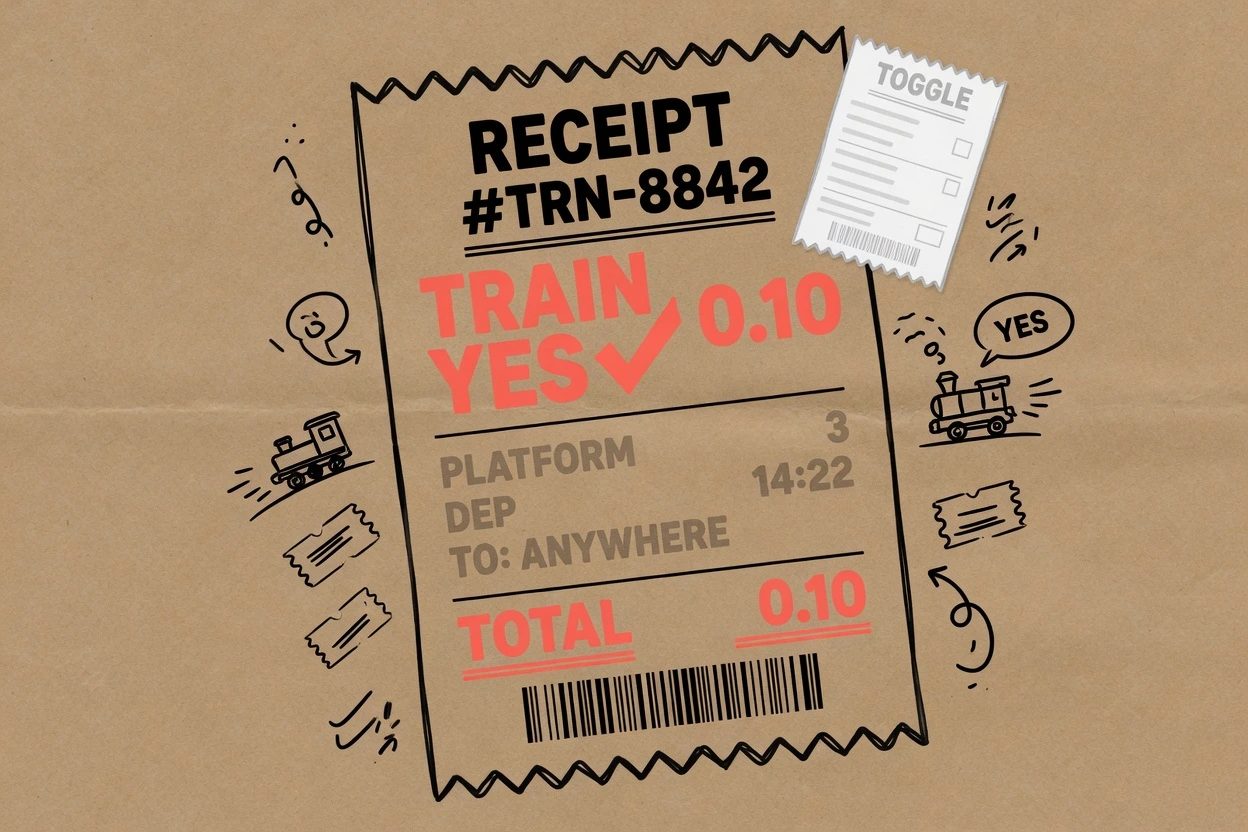 Kraft sketchnote of a large receipt with a TRAIN YES line at 0.10 beside a tiny buried TOGGLE receipt