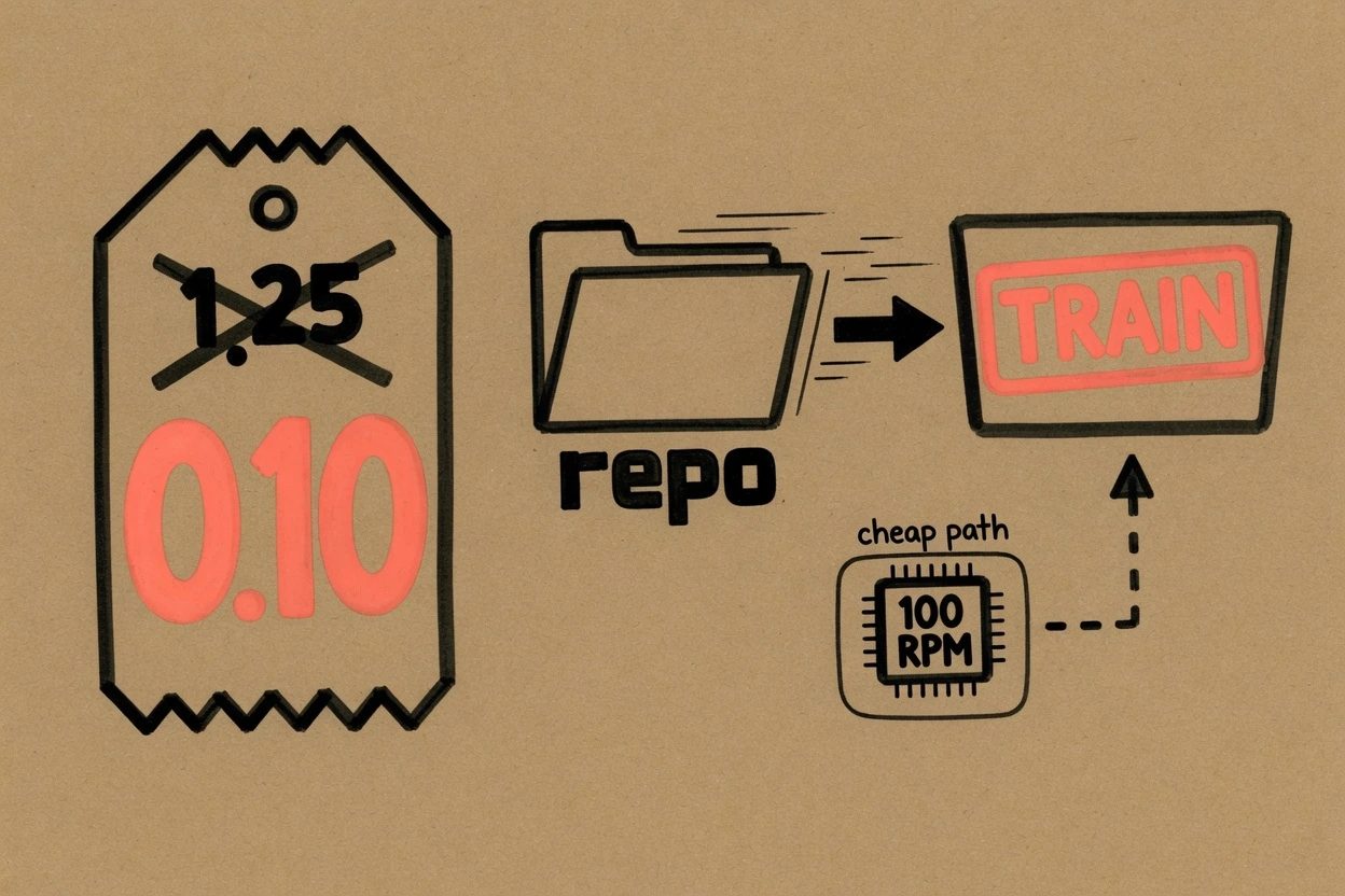 Kraft sketchnote of a 1.25 tag crossed to 0.10, a repo folder sliding into a TRAIN bin, and a 100 RPM chip on the cheap path