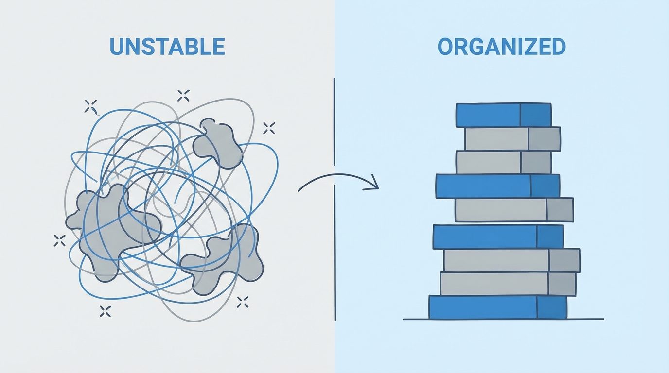 Before and after migration: tangled cache layers vs clean organized cache blocks