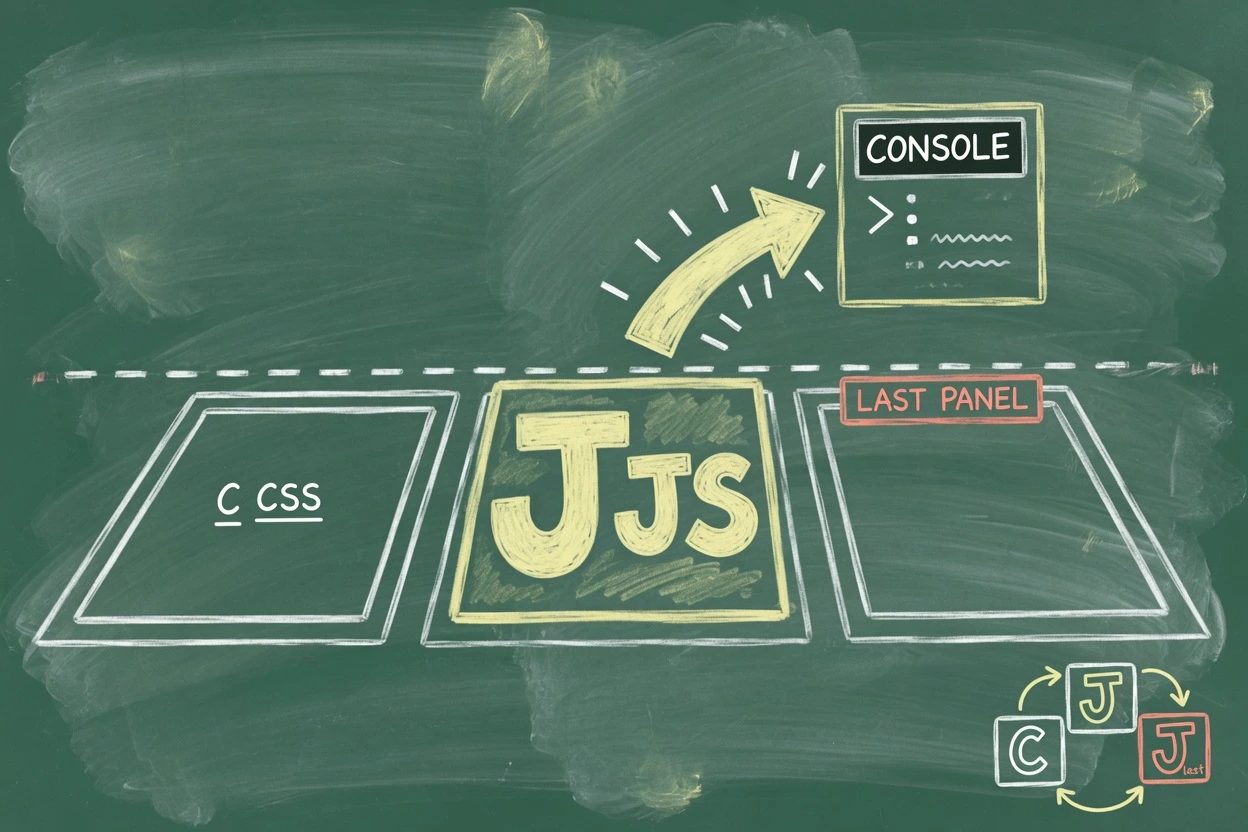 Green chalkboard with three parking stalls, C CSS small, J JS huge and lit into a CONSOLE prompt, LAST PANEL coral and empty
