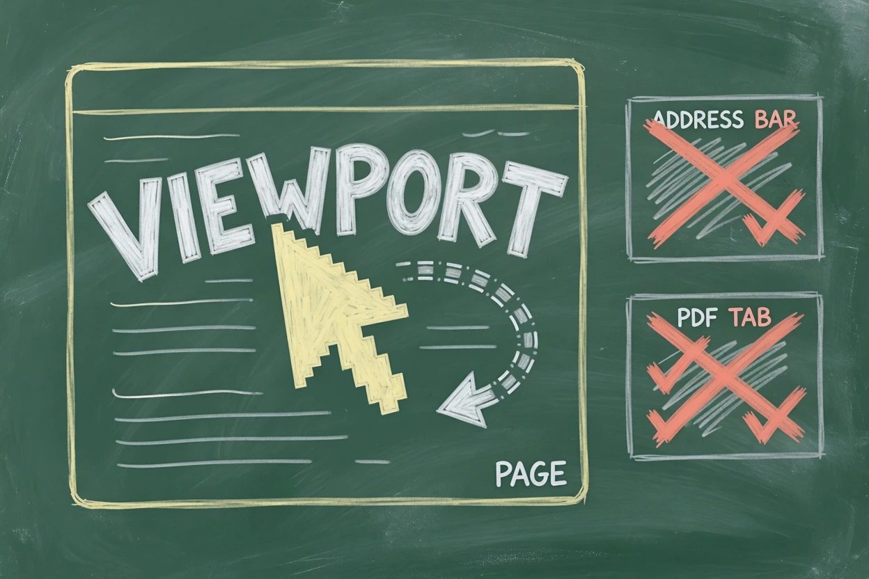 Green chalkboard split, a large PAGE with VIEWPORT cursor on the left and dim ADDRESS BAR and PDF TAB cards marked as the wrong context