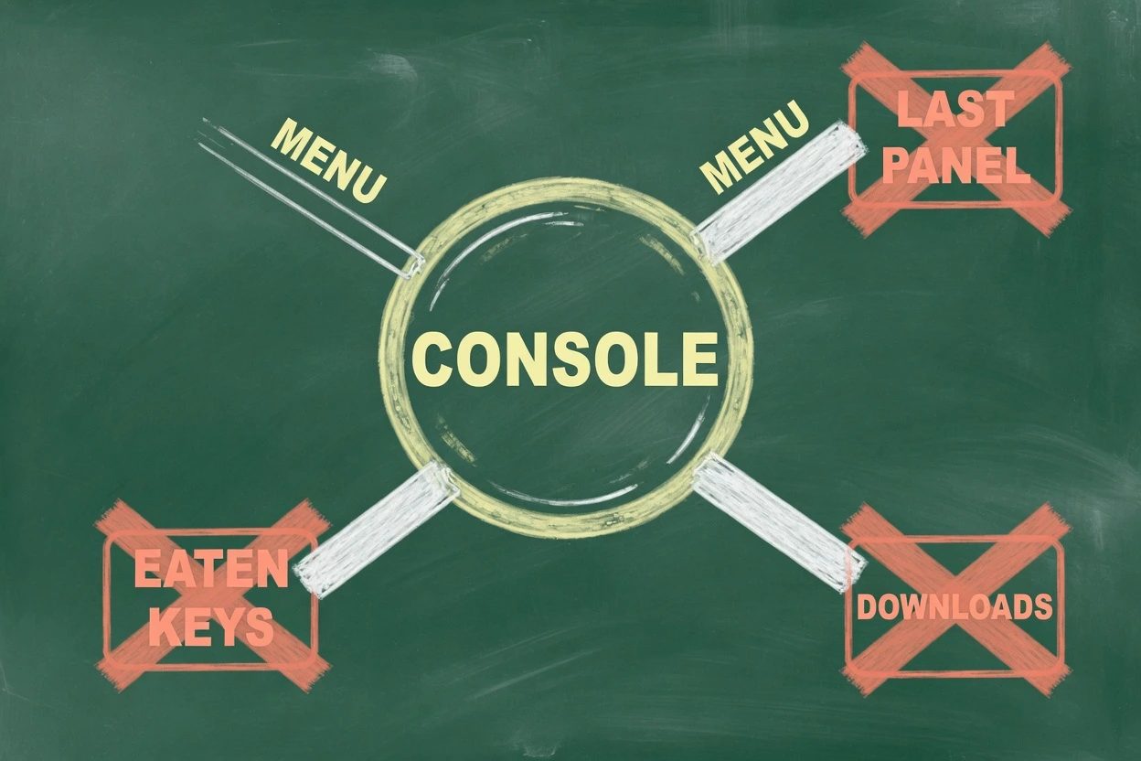 Green chalkboard hub labeled CONSOLE with coral spokes LAST PANEL, DOWNLOADS, and EATEN KEYS, plus a faint MENU spoke still attached