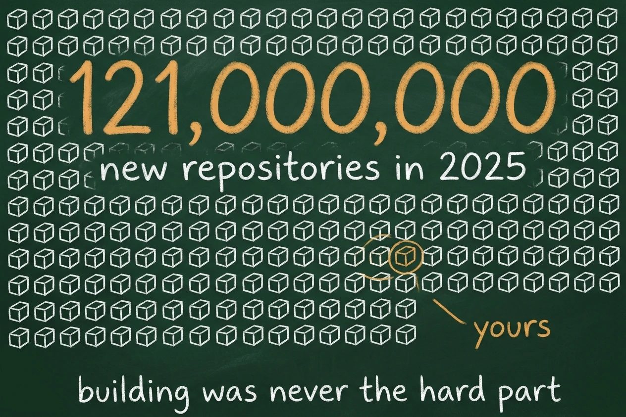 Hundreds of tiny white boxes pack the frame. One is amber, ringed, and labelled yours. A huge amber 121,000,000 runs across the top above the words new repositories in 2025.