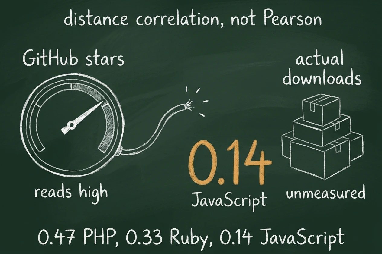 A round gauge labelled GitHub stars reads high, but its cable ends frayed in mid-air, unconnected to the stack of boxes labelled actual downloads across the gap. A large amber 0.14 sits in the gap.