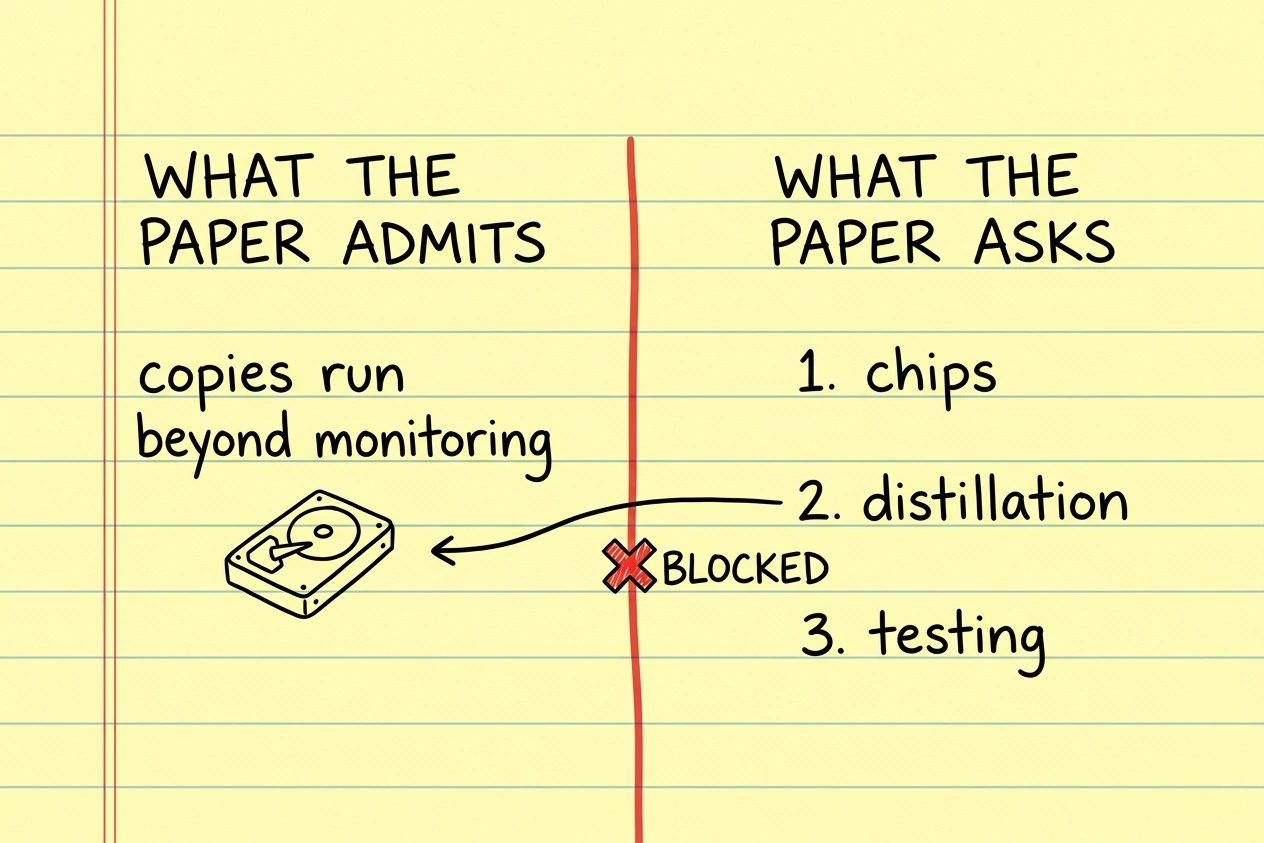 A legal pad split by a red line, with the paper's admission that copies run beyond monitoring on one side and its three asks on the other, and an arrow from the distillation ask stopped at the line by a red cross marked BLOCKED.
