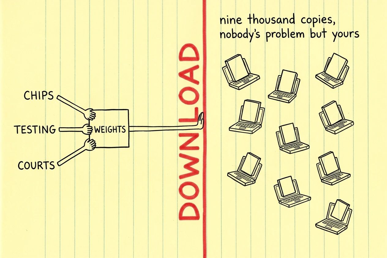 A heavy red vertical line labelled DOWNLOAD. Levers marked CHIPS, TESTING and COURTS reach in from the left and grip a box labelled WEIGHTS, while nine loose copies sit on laptops to the right, untouched by anything.