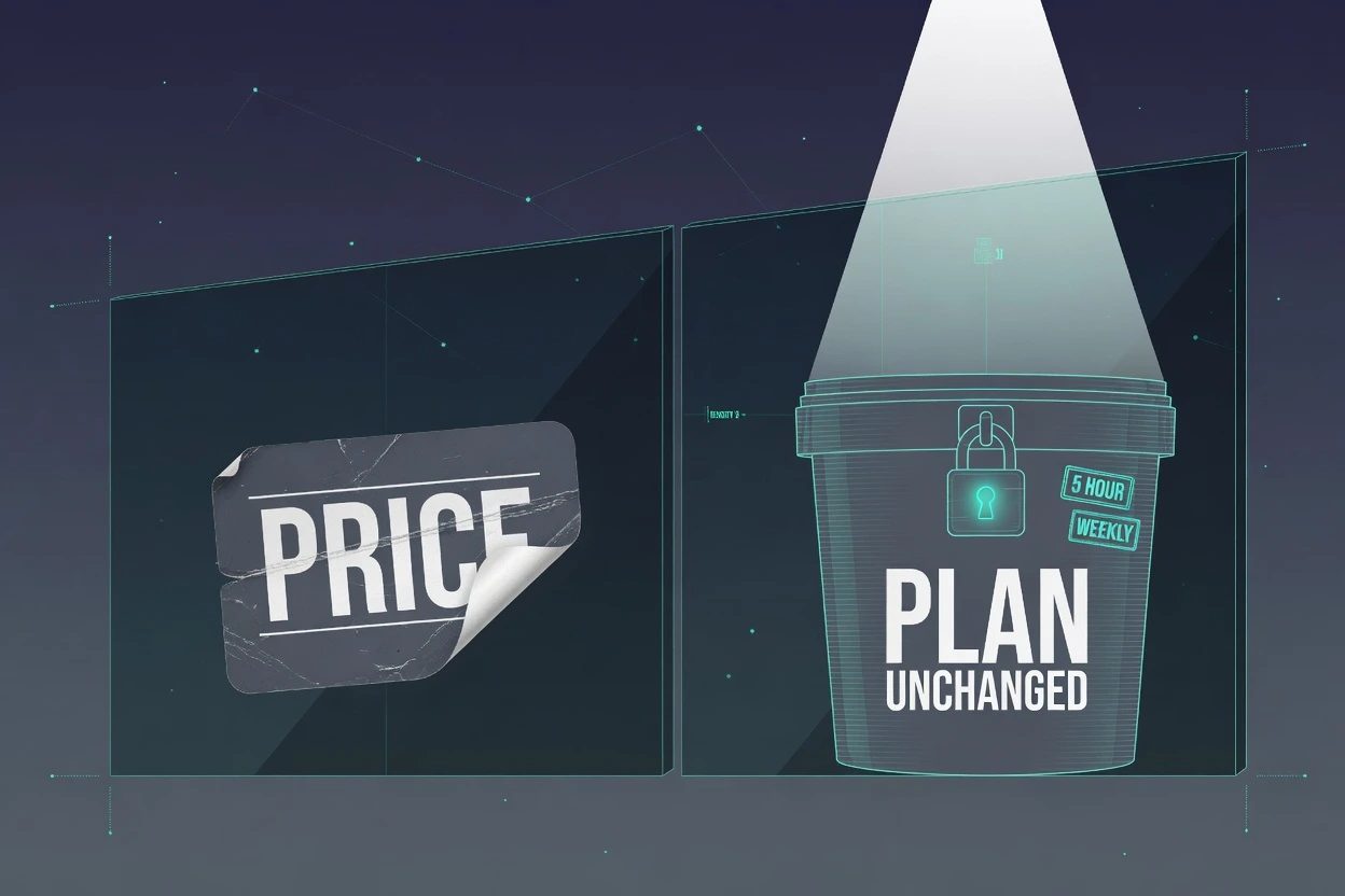 A dim peeling PRICE sticker on the left and a locked teal PLAN bucket stamped 5 HOUR and WEEKLY on the right