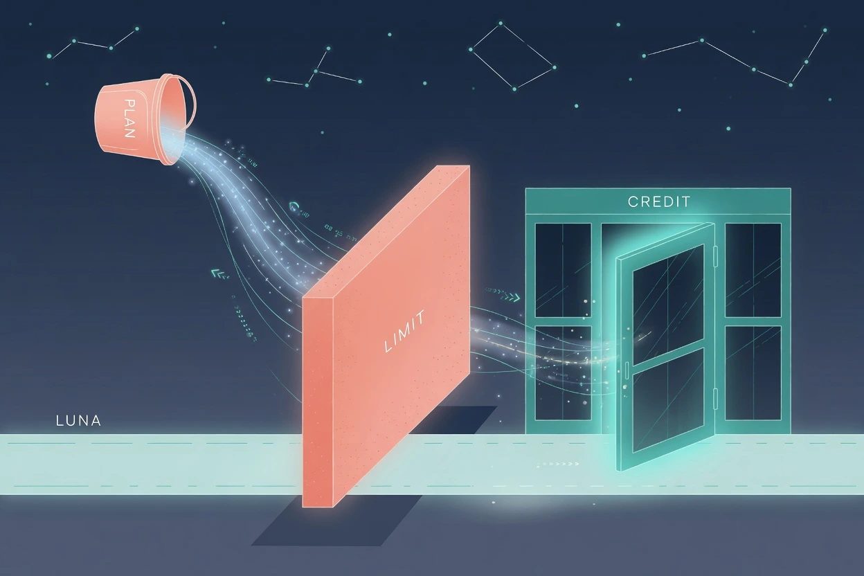 A PLAN bucket hitting a coral LIMIT wall, a lit CREDIT door past it, and a wide LUNA path that never hits the wall