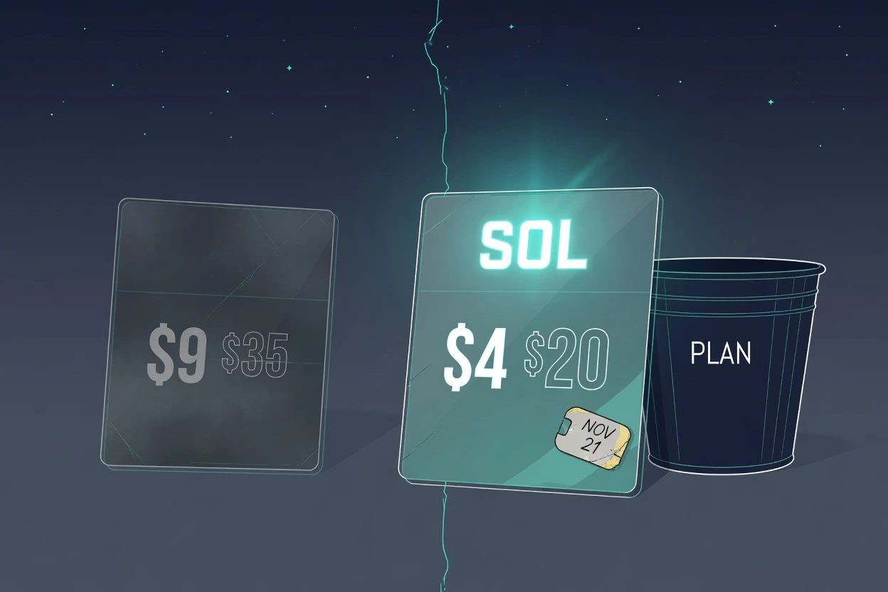 Two slate glass price cards, the right one lit teal with $4 $20 and a NOV 21 chip, a dim PLAN bucket beside them