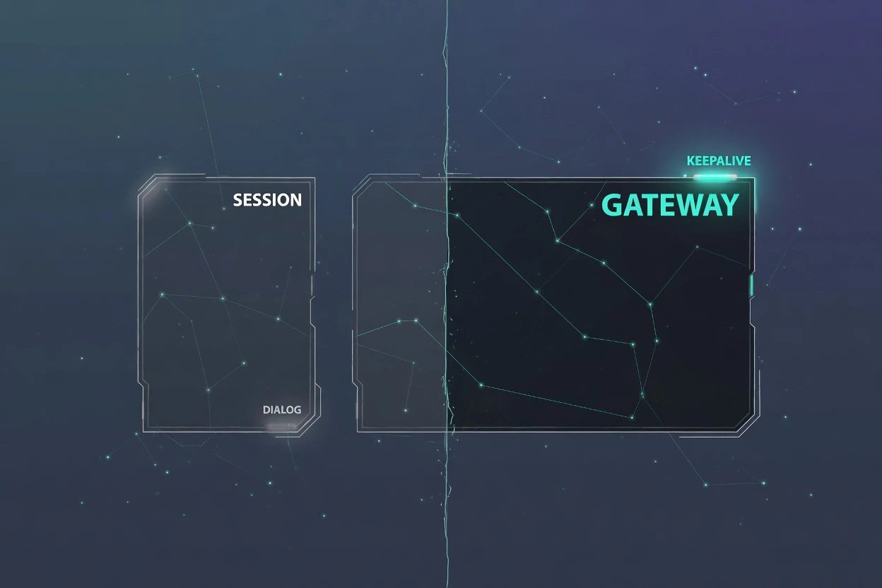 Slate HUD split, a dim SESSION terminal card on the left and a glowing GATEWAY service card with KEEPALIVE on the right