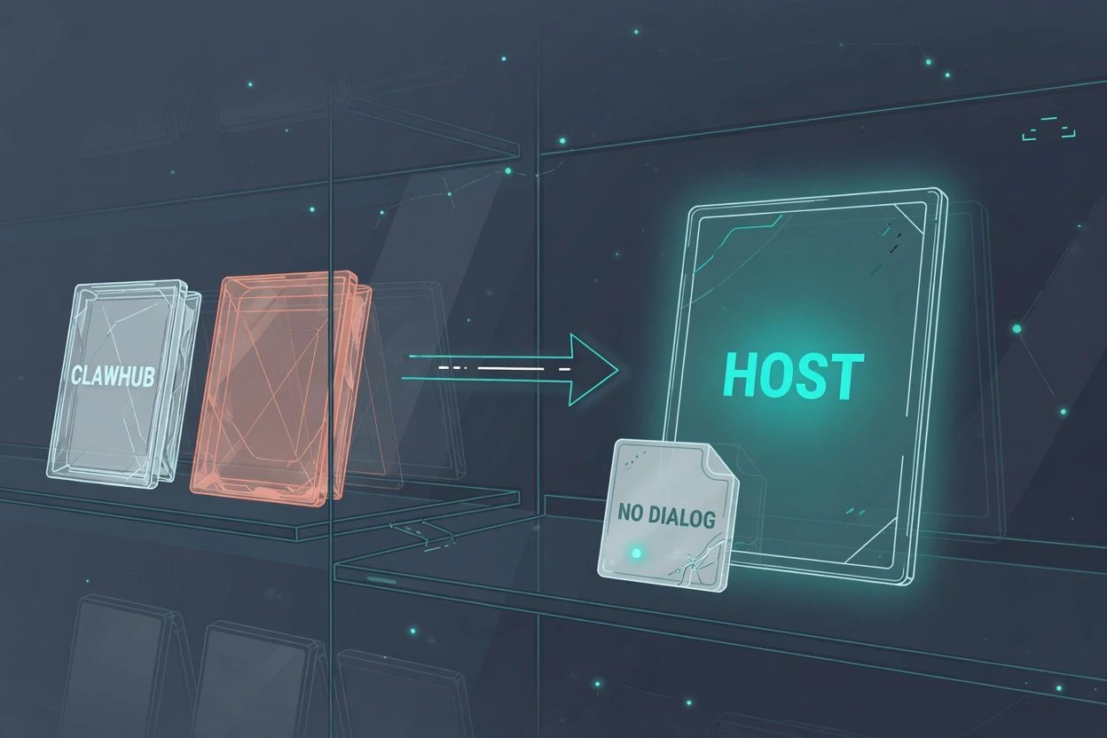 Slate HUD pipeline from a CLAWHUB shelf into a live HOST, one coral package, no dialog in front of the host