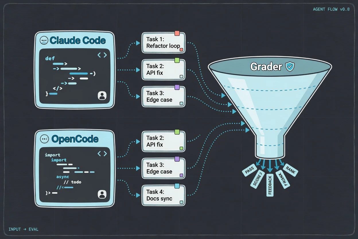Token shape. Claude reported about 931k input tokens versus about 62k for OpenCode under each harness accounting.